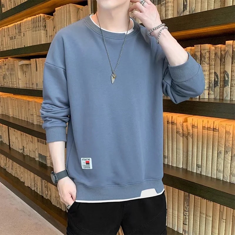 Autumn and winter hoodie mens Korean version loose round neck fake two-piece velvet long sleeved trendy versatile top trendy and fashionable for men