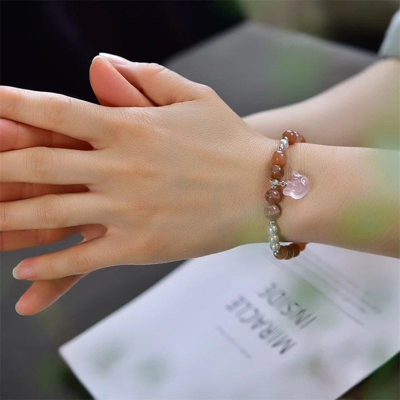 8MM Natural Sunstone Rose Quartz Cat Bracelet For Women Men Love Gift Crystal Beads Strands Jewelry Gift 1PCS 250102