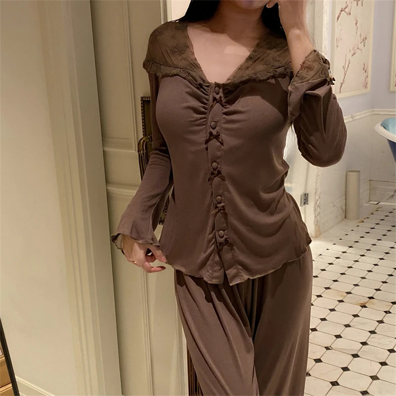 Spring and Autumn Womens Lace Simple Cotton Vneck Sexy Pajamas Warm Winter Long Sleeve Pants Set Home Clothing 250103