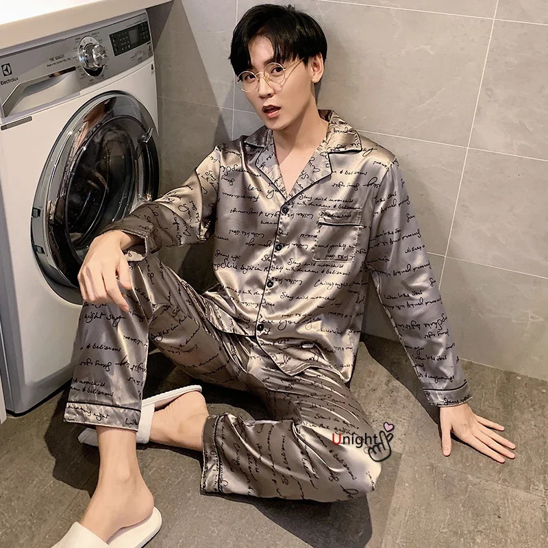 Men Silk Pajamas Trousers Suit Full Body Pajama Homewear Oversize Sleepwear y for Autumn Winter 5XL 250103