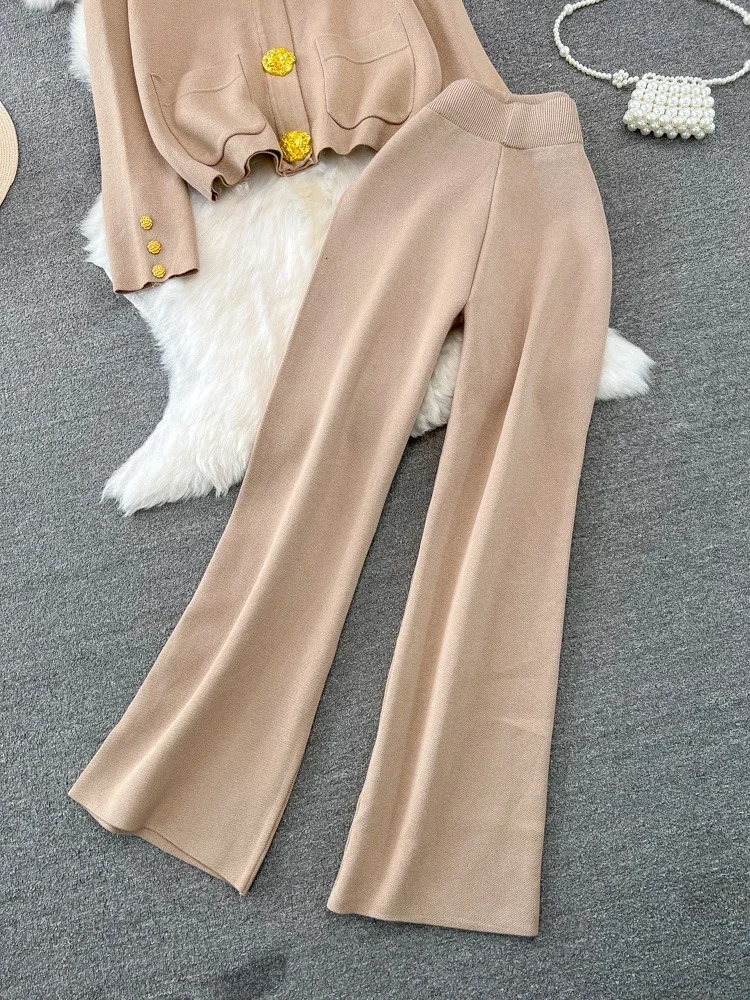 Women Outfits Sweater Two Piece Set Autumn Winter Vneck Single Breasted Knitted Jacket High Waist Straight Leg Wide Pants Suits 241223
