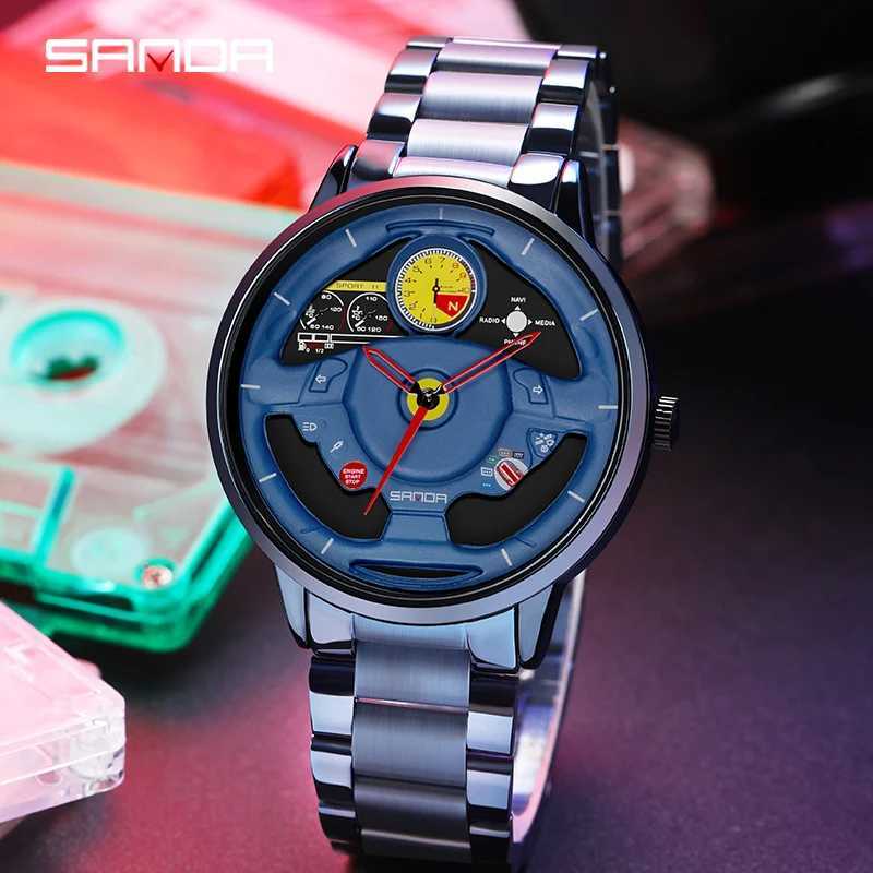 Fashion Sanda Top Brand Innovative Skeleton Mens Sports Car Steering Wheel Waterproof Stainless Steel Leather Quartz W250104