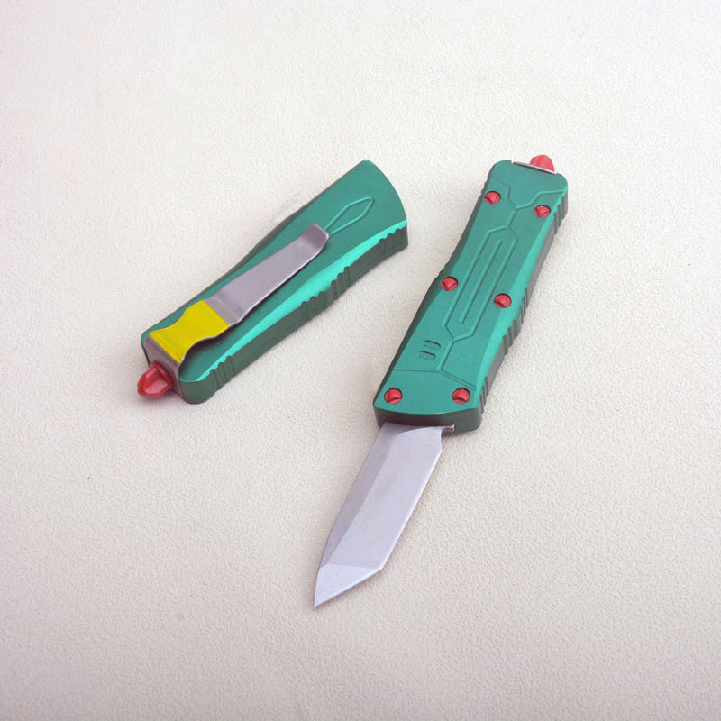 High End 7102 Small Tactical Knife D2 Satin Blade Green CNC 6061-T6 Aviation Aluminum Handle Outdoor EDC Pocket Gift Knives with Nylon Bag and Repair 