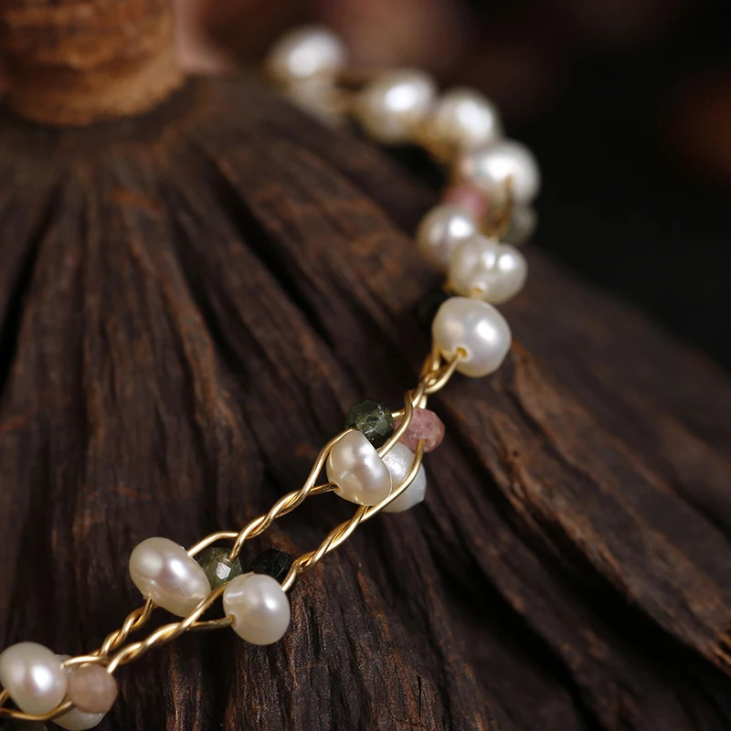 Original handmade 14K gold filled natural freshwater pearl tourmaline womens bracelet jewelry womens birthday gift 250102