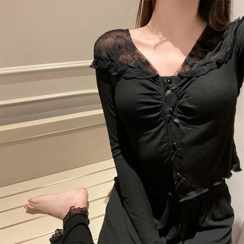 Spring and Autumn Womens Lace Simple Cotton Vneck Sexy Pajamas Warm Winter Long Sleeve Pants Set Home Clothing 250103