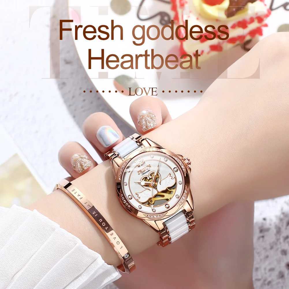 JSDUN Womens Luxury Automatic Mechanical Skeleton Design Diamond Wrist Spherical Mirror Ceramic W250104