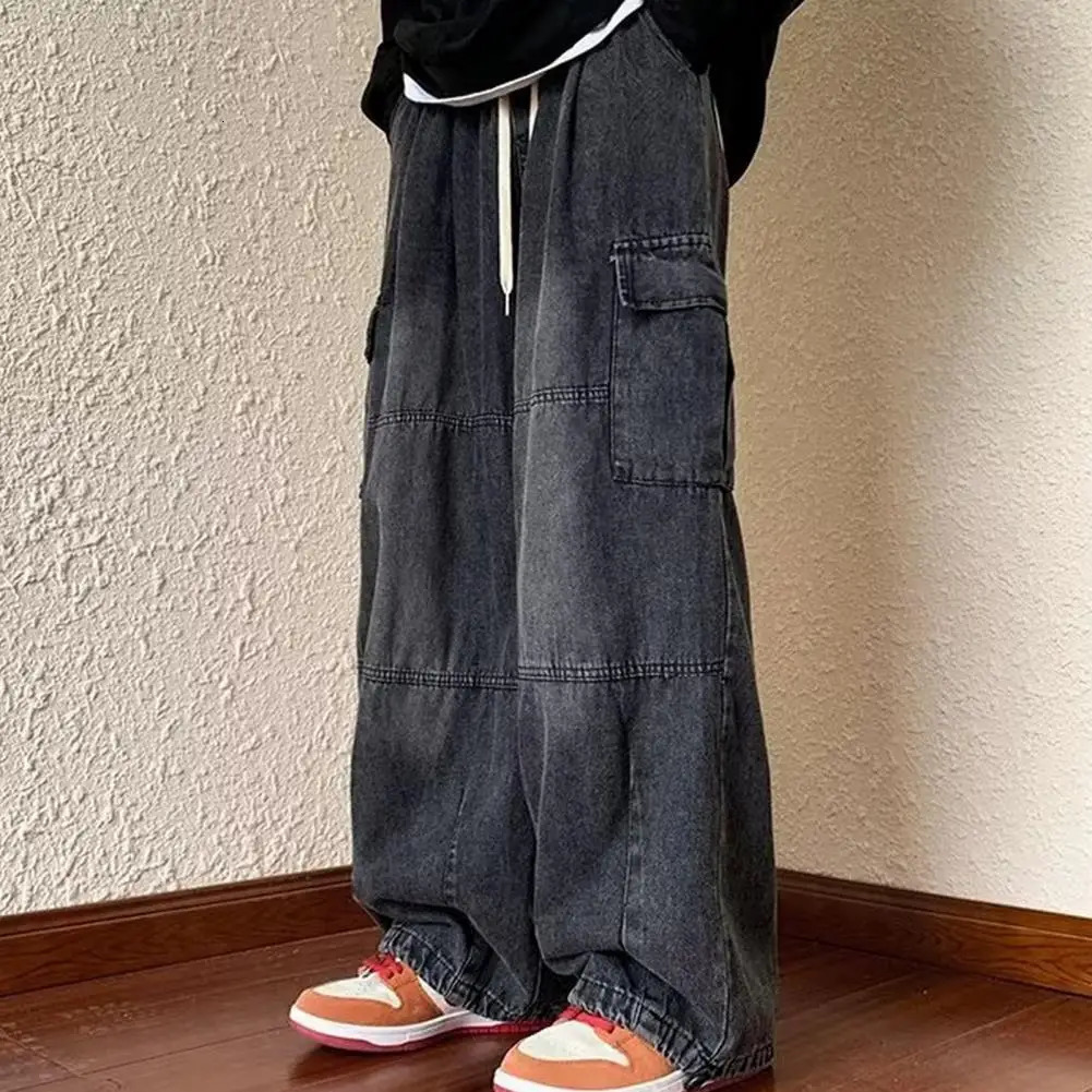 Oversized Cargo Pants with Multiple Pockets Elastic Waist Drawstring Solid Color Baggy Denim Pants Wide Leg Trousers 250102
