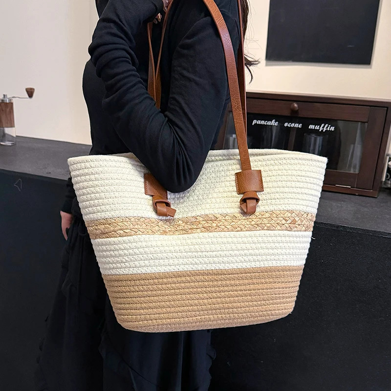 Large Capacity Summer Holiday Women Tote Bag Beach Straw Handbag Ladies Travel Shopping Bag Causal Female Shoulder Bag 250102