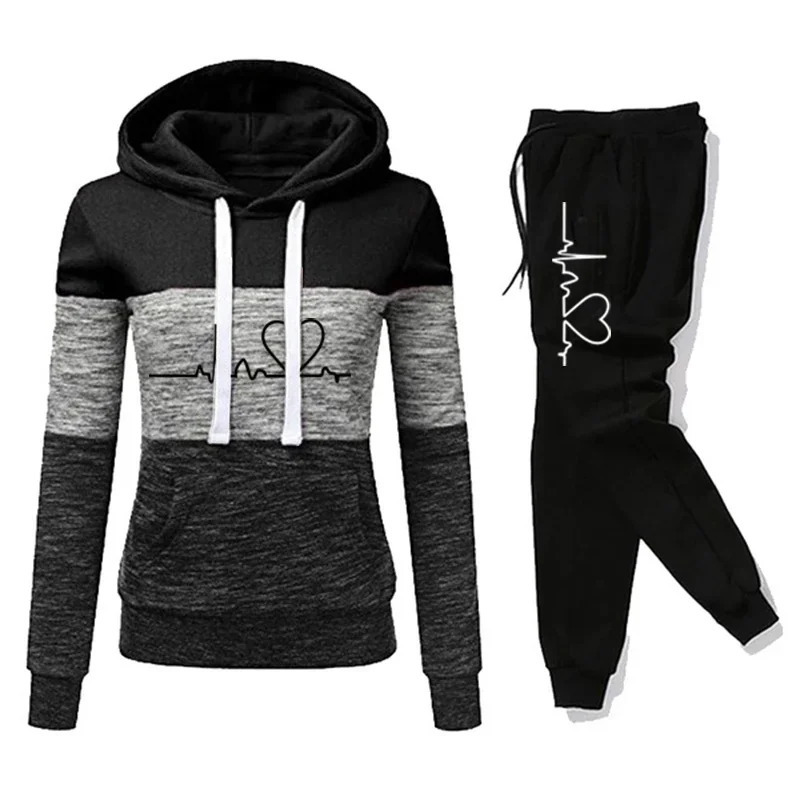 Womens Tracksuit printed hooded sweatshirt sports pants color block casual jogging rally sports Trouser set S-3XL 241230