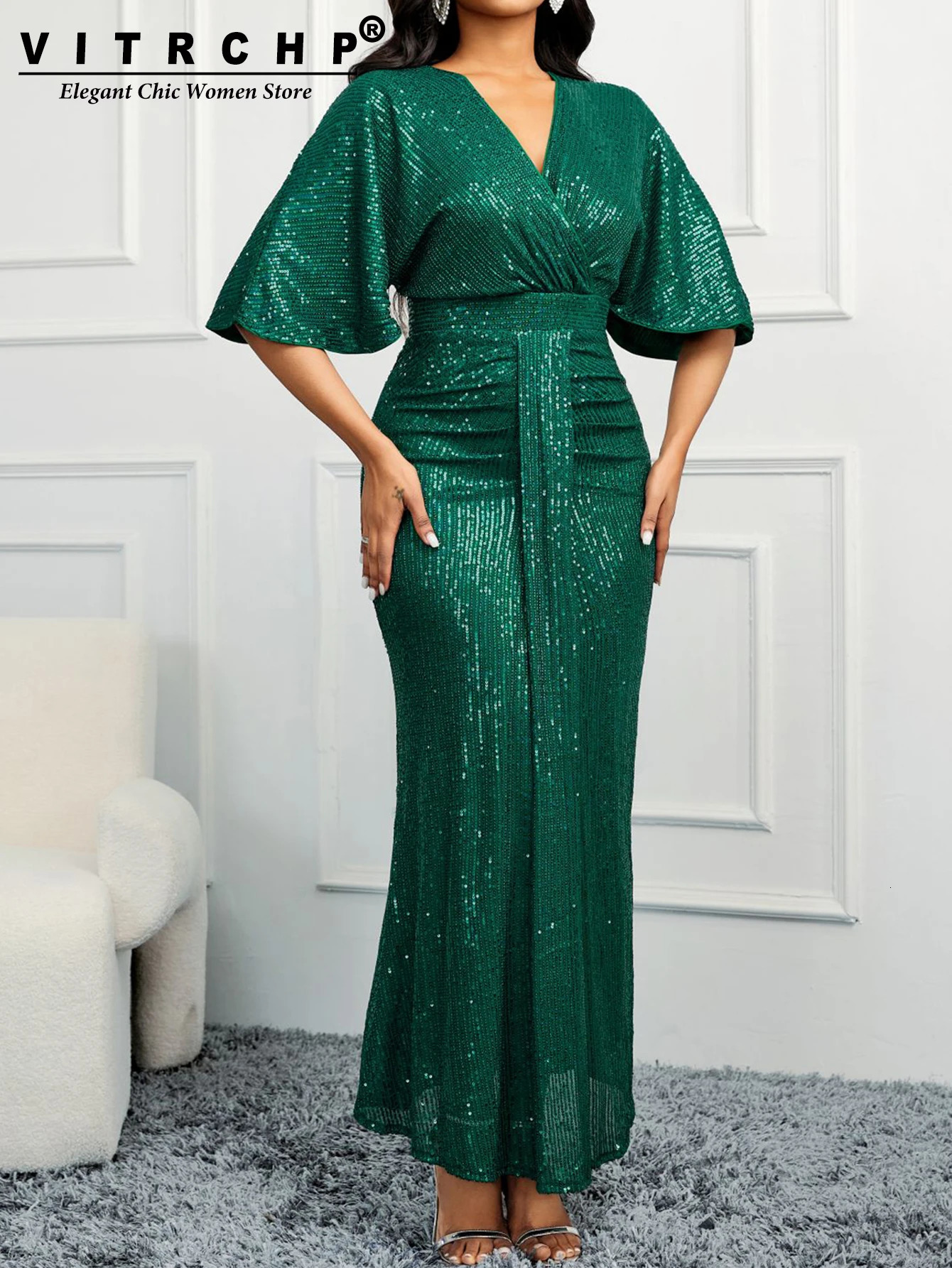 VITRCHP Batwing Sleeve Evening Dress 2025 Mermaid Sexy V-neck Dress Ball Sparkling Elegant Short Sleeve Long Sleeve Party Dress 250103