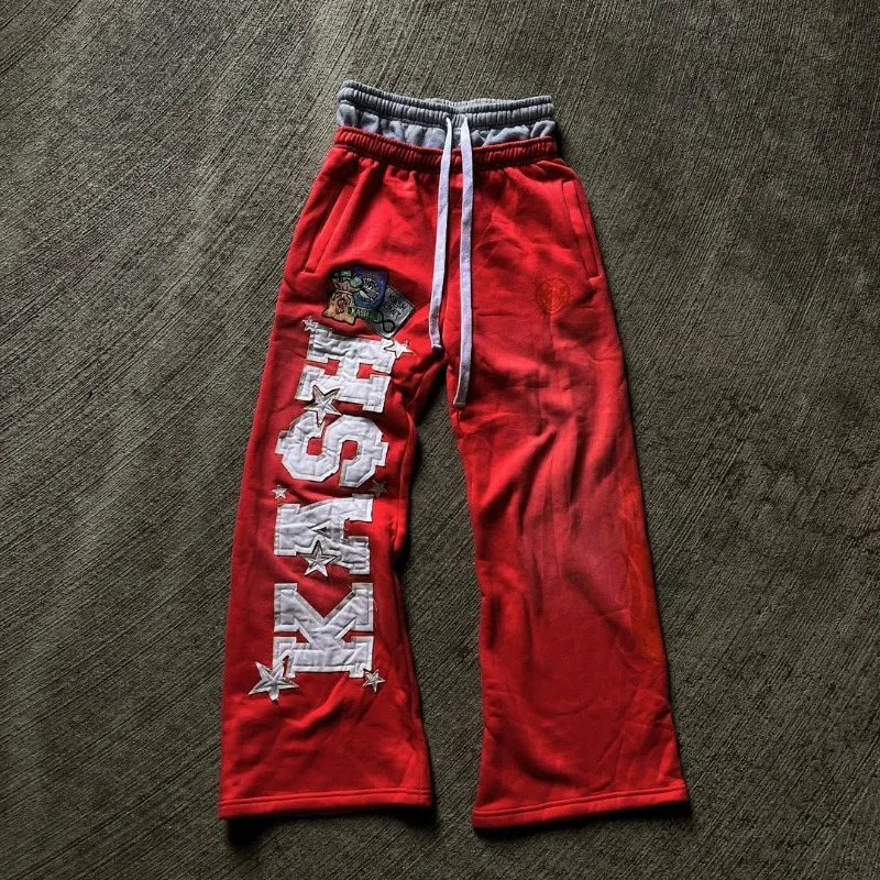 Y2K pocket printed sports pants with retro pattern patches cotton street wear double waist high waist pants mens fitness and casual pants 250103