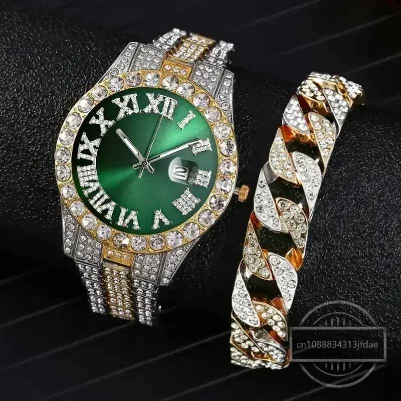 1/2 Hip Hop Stainl steel gold calendar bracelet suitable for men Rhinestone men on exterior walls Reloj Hombre W250104