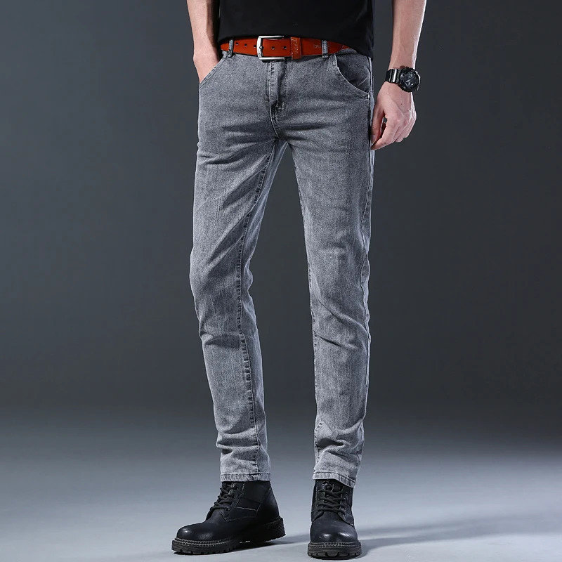 style jeans mens slim fit Korean style comfortable straight leg elastic gray mid waist pants mens casual denim pants 241230