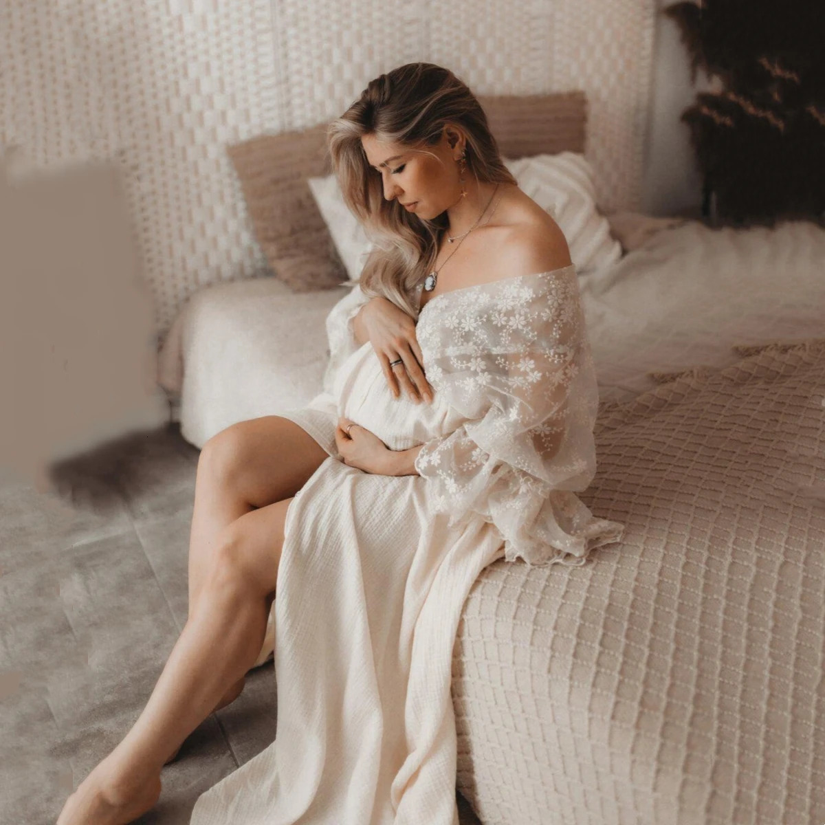 Boho Baby Shower Long Dresses Lace and Cotton Bohemian Maternity Po Shoot Dresses 250103