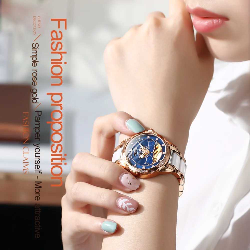 JSDUN Womens Luxury Automatic Mechanical Skeleton Design Diamond Wrist Spherical Mirror Ceramic W250104