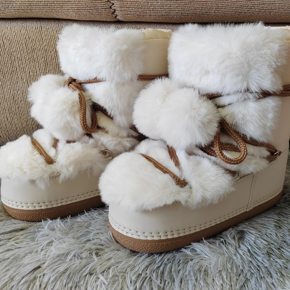Women Fur Boots 2024 Winter Fluffy Furry Faux Fur Snow Boots Woman Lace-up Waterproof Platform Ankle Boots Pink Ski Boots 250103