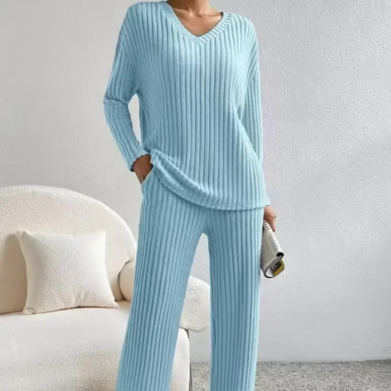 Womens Pajamas Autumn Winter Casual Straight Pants Pullover Sleepwear Loose V Neck Knitted Home Wear Two Piece Loungewear 250103