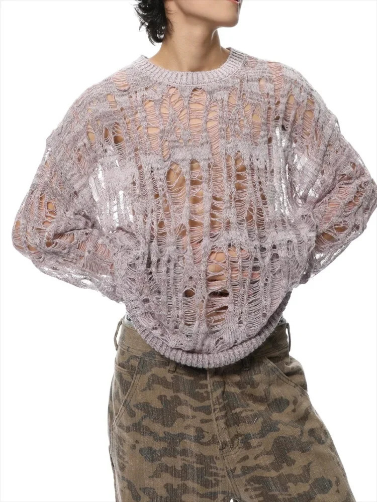 Slouchy Sweaters Men Hollow Out Baggy Hole Sun Protection Lightweight Long Sleeve Streetwear Vintage Fashion Knitting Summer Ins 241223