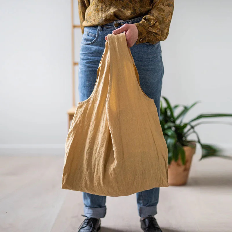 Retro Linen Shopping Bags Women Reusable Sundries Bags Foldable Large Handbags Female Travel Beach Shoulder Bags 250102