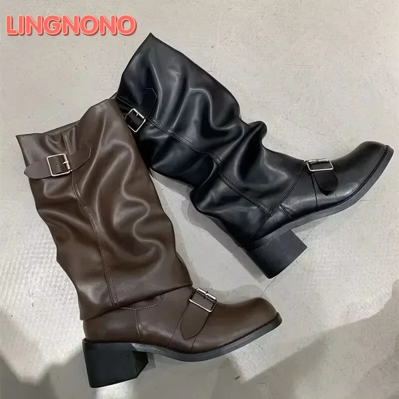 Woman Boots Knee High Platform Chunky Heels Trend Punk Gothic Rock Leather Fashion Womens Shoes Motorcycle Footwear Q221 250103