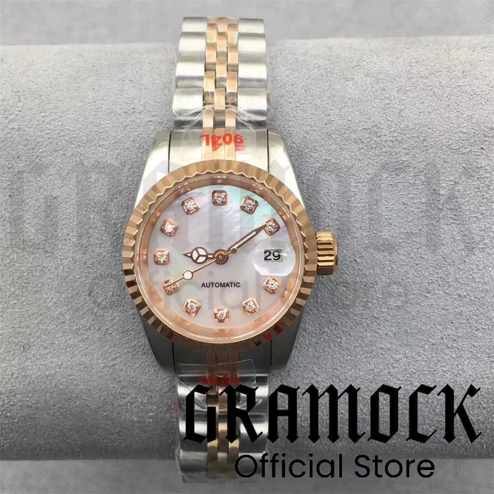 Gramock 26mm Womens 3 oclock Date Diamond Pink Mother of Pearl NH05 Automatic Silver Pearl Glass W250104