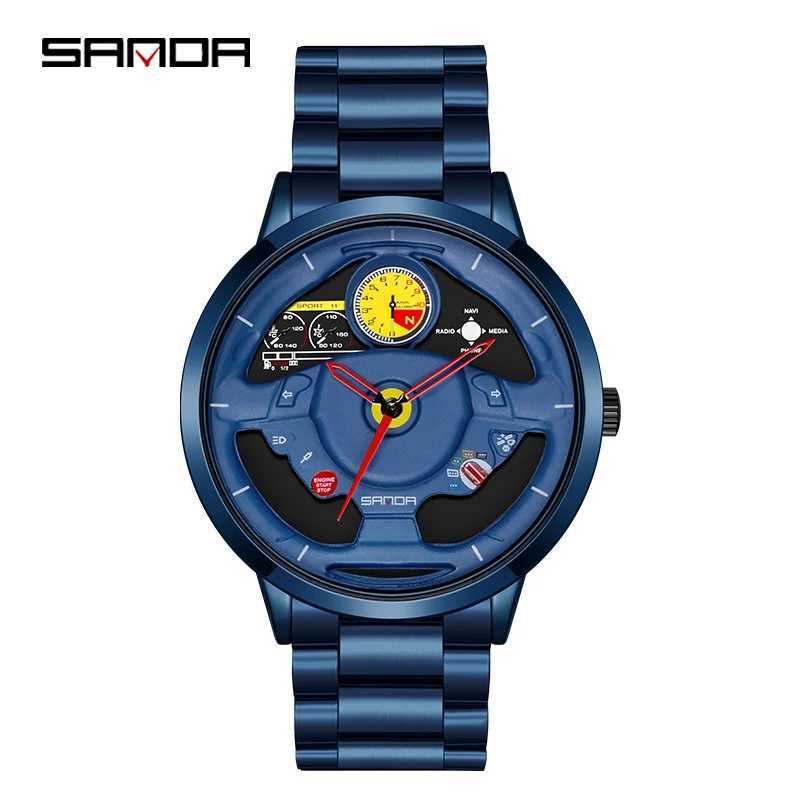 Fashion Sanda Top Brand Innovative Skeleton Mens Sports Car Steering Wheel Waterproof Stainless Steel Leather Quartz W250104