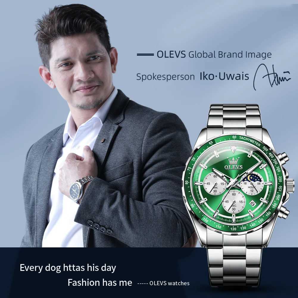 OLEVS Green Mens Timekeeping Luxury Dr Moon Quartz Stainless Steel Waterproof Luminous Busin Watch W250104
