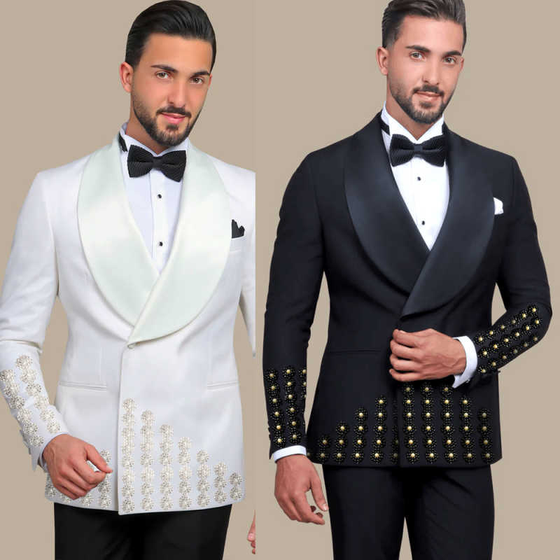 Customize Slim Fit Groom Tuxedos Designer New Fashion Two-Pieces Mens Suit Beaded One Button Customized Shawl Lapel Pockets Bridegroom Tailor Made Coa
