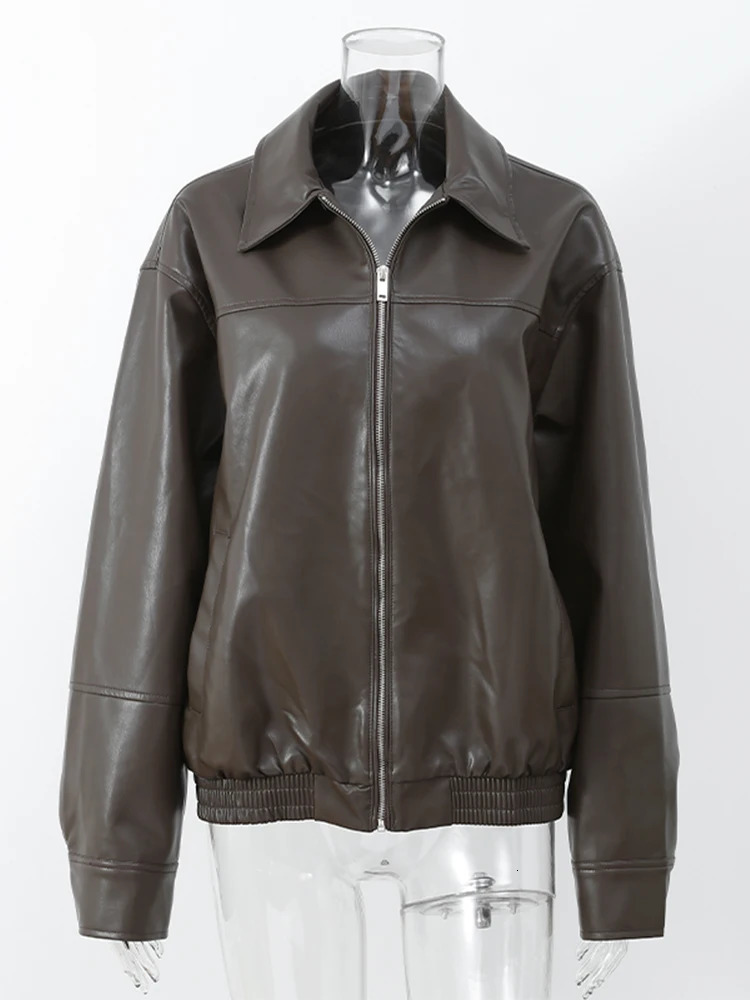 Retro Brown Lapel Womens Pilot Jackets Fashion Loose Long Sleeved Zipper Pocket Coat Versatile Commuting Ladies Streetwear 241224