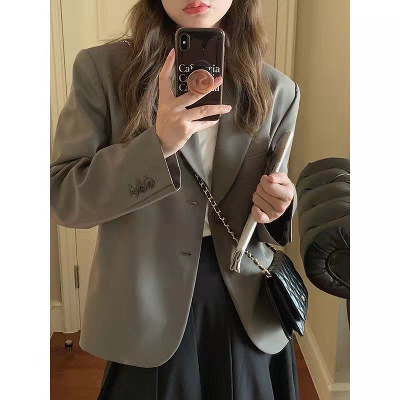 H3181Elegant British Inspired Grey Blazer Set - Perfect for Spring and Autumn Wear