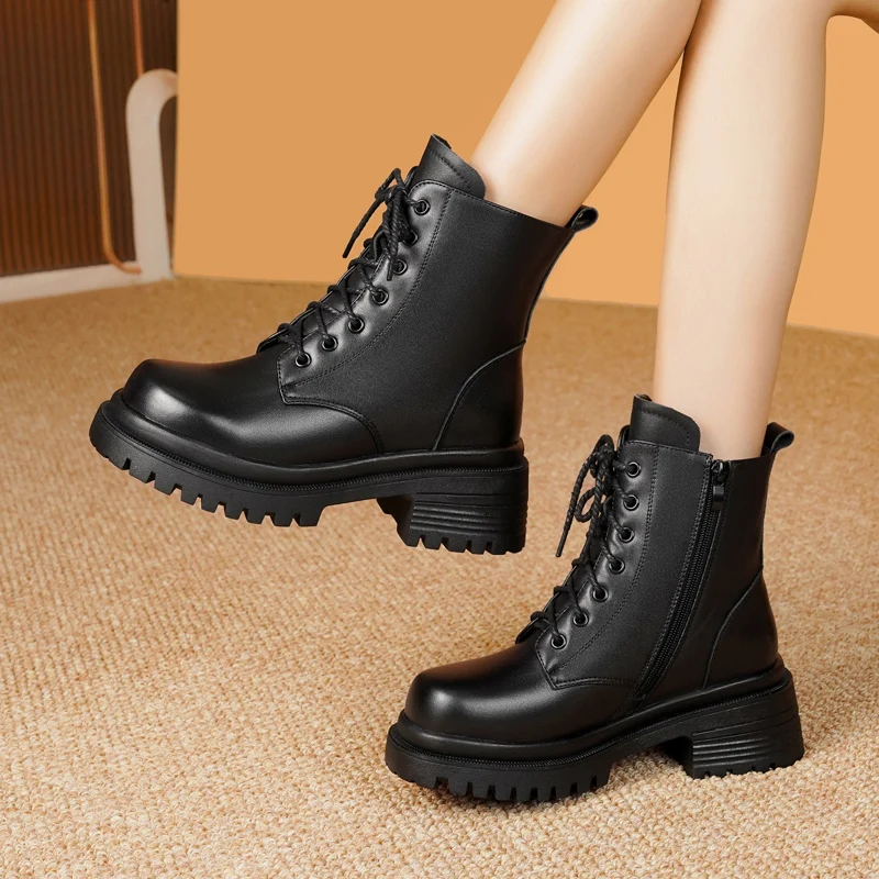 AIYUQI Women Biker Boots Genuine Leather Natural Wool Winter Boots Women Platform Large Size Non Slip Women Snow Boots