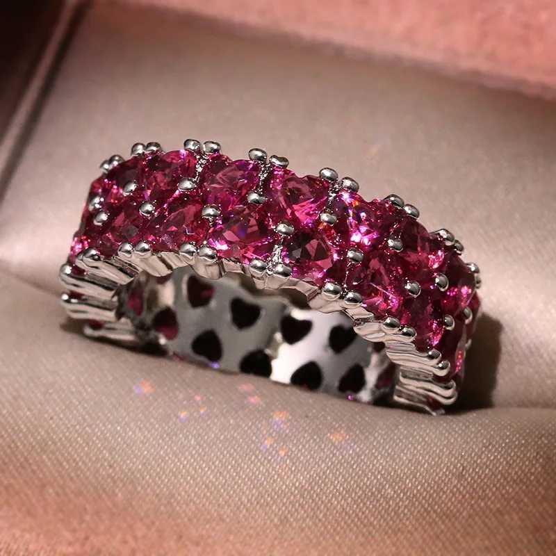 Fashion La 925 Silver Luxury Pink Heart-shed Full Diamond Zircon Ring Engagement Bridal Jewelry Christmas Gift Cute RingXJ250514