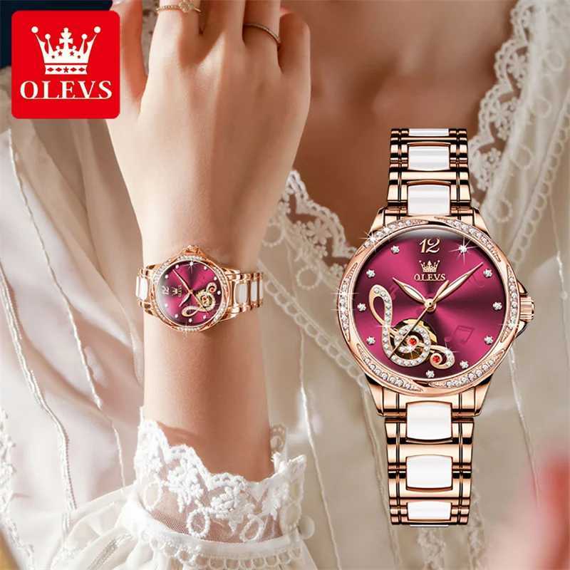 OLEVS Music Note Ceramic Diamond Womens Luxury Brand Womens Automatic Mechanical Womens Relogio Womens Gifts New W250104