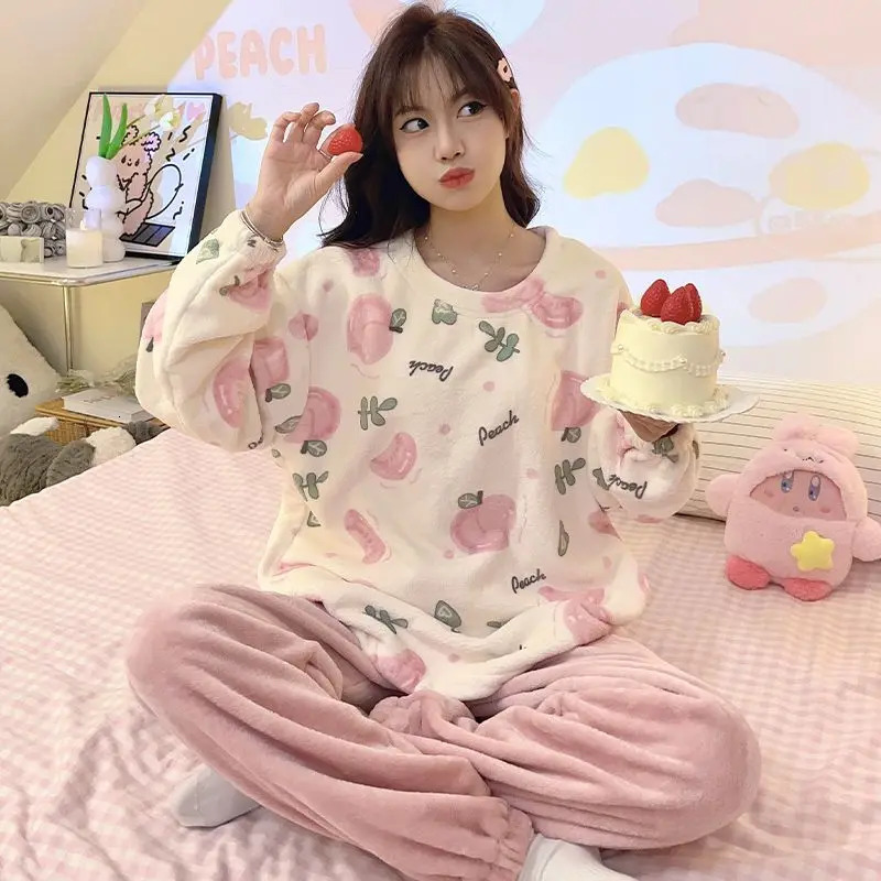 Keep Warm Womens Pajamas Set Femme Cartoon Print Top and Solid Pants Sleepwear Ladies Round Neck Long Sleeve 2 Pieces Homewear 250103