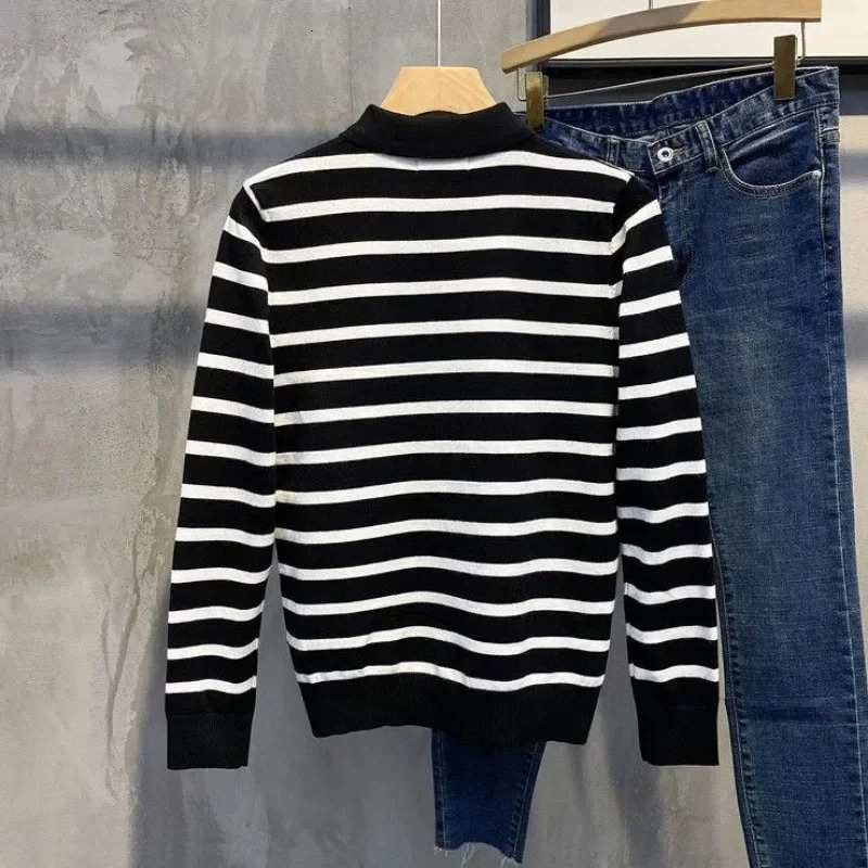 Knitted Winter Tight Mens Clothing Ultra Thin Fit Mens Polo Shirt Green Stripe High Quality Bulk Original Full Set XL 250103