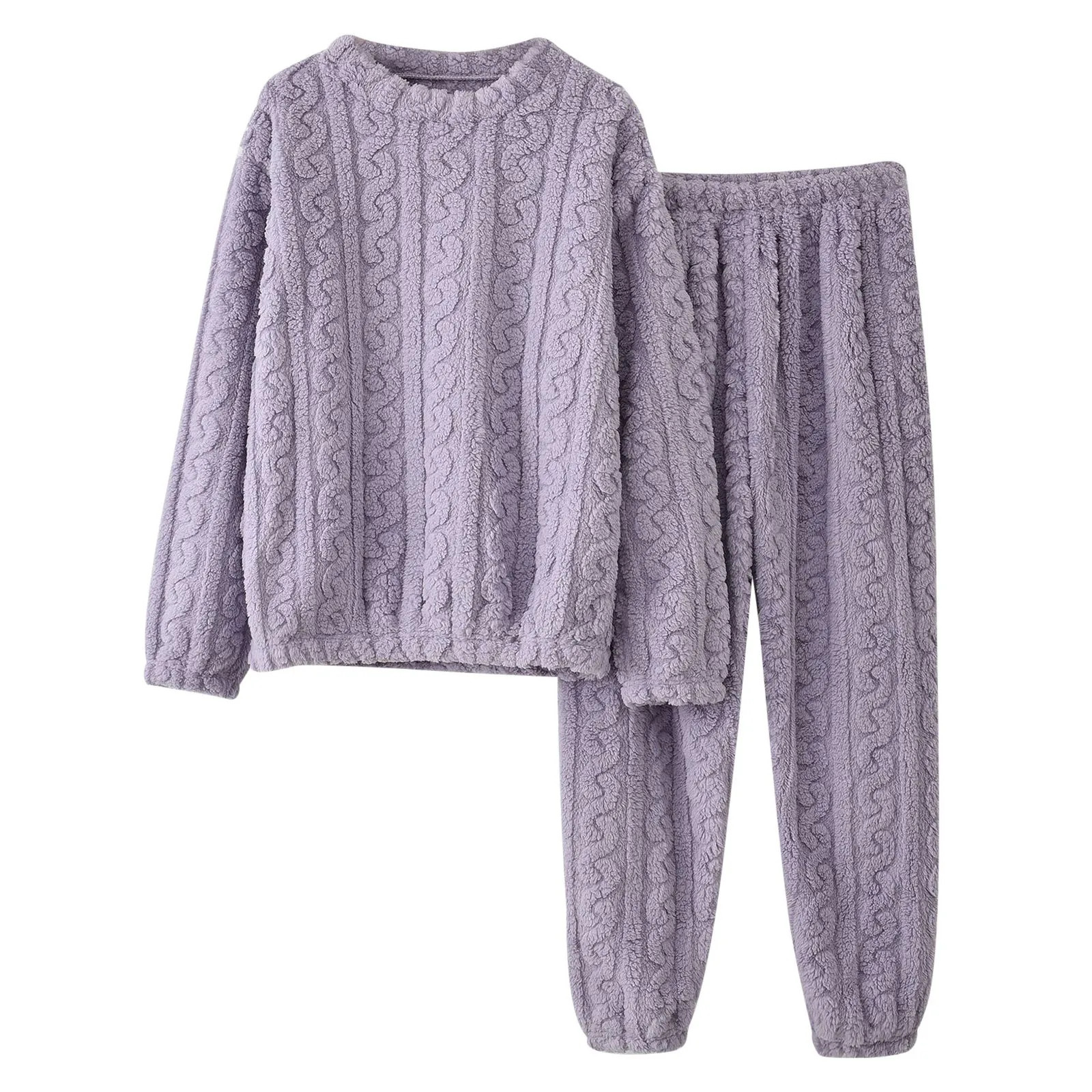 Coral Fleece Sleepwear 2 Piece Set Men Women Autumn Winter Warm Flannel Pajamas Suits Solid Color Pullovers TopsTrousers Suit 250103