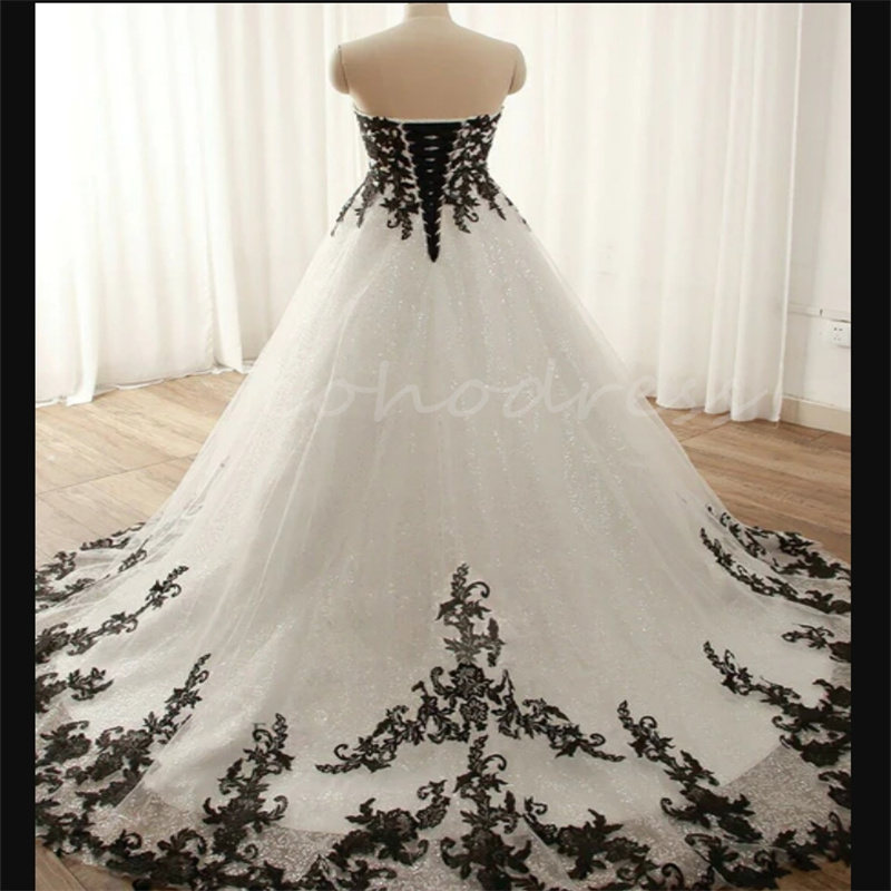Glitter Black And White Gothic Wedding Dress Appliques Lace Ball Gown Corset Victorian Bridal Dress Fantasy Country Vestio De Novia Aesthetic Medieval