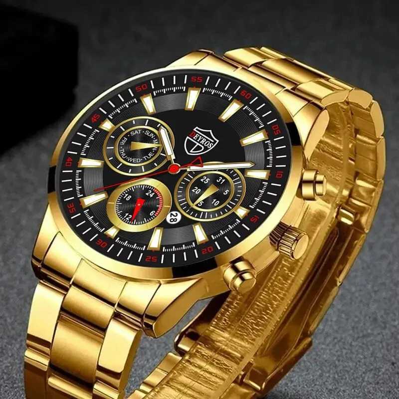 Mens top brand luxury gold calendar with stainless steel band fashion Busin quartz wrist Relogio Masculino W250104