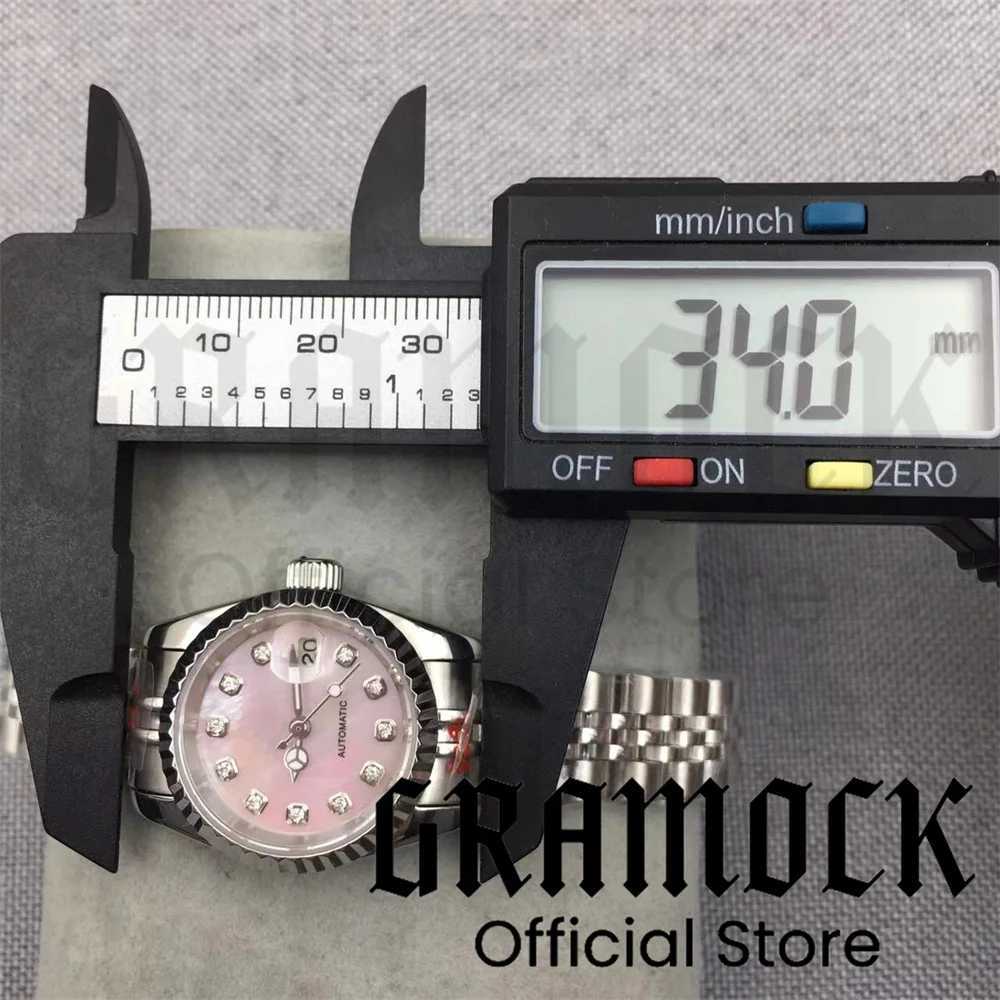 Gramock 26mm Womens 3 oclock Date Diamond Pink Mother of Pearl NH05 Automatic Silver Pearl Glass W250104
