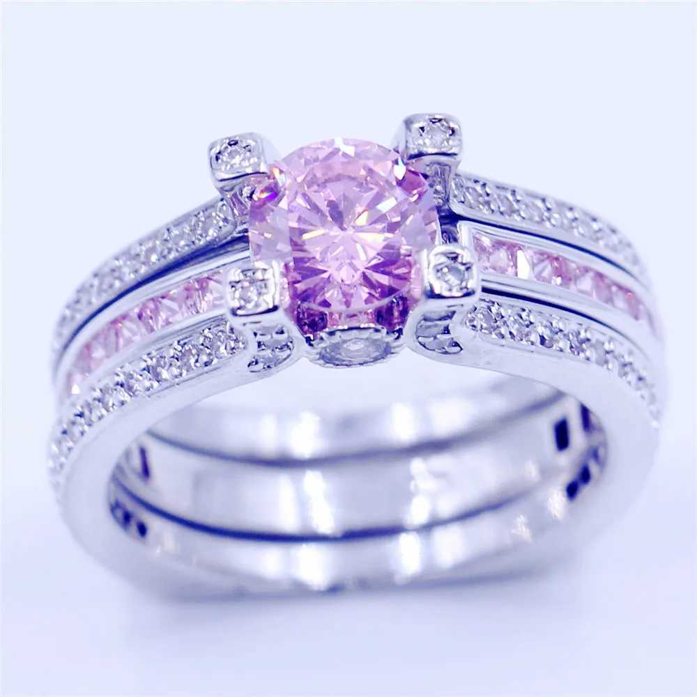 Luxury Pink High Caon Diamond Ring Set 925 Sterling Silver Wedding Band Rings for Women Men Promise Party Jewelry GiftXJ250104