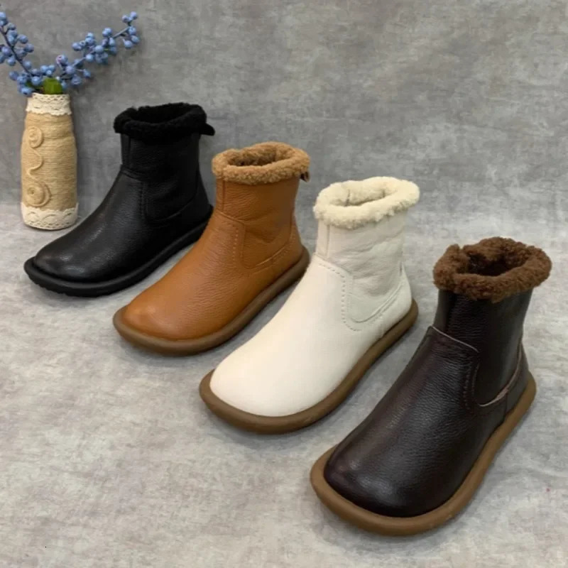 Fur Flats Women Snow Ankle Boots Leather Short Plush Cotton Shoes 2025 Trend er Warm Cozy Casual Winter Botas De Mujer 250103