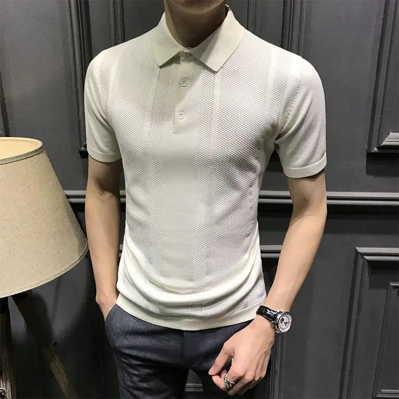 Business casual mens polo shirt summer solid collar button streetwear fashion office social long sleeved knitted T-shirt top 250103
