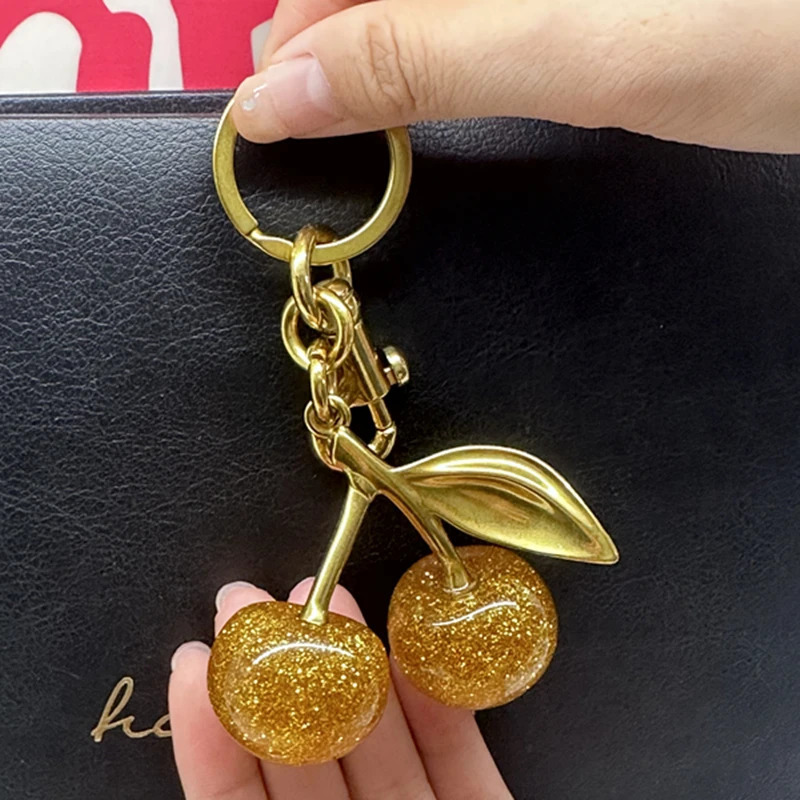 Sparkling Gold Cherry Pendant For Handbag Shoulder Bags Womens Purse Keychain Charm Festive Christmas Accessory250103