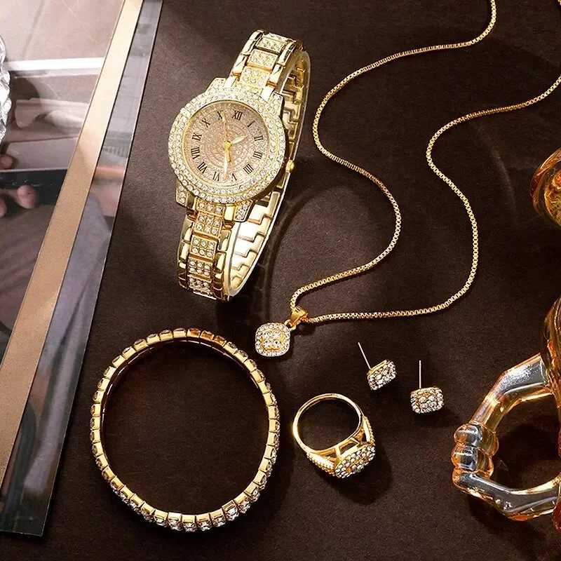 Golden womens ring necklace earrings rhinestone fashion watch womens casual womens bracelet set clock W250104