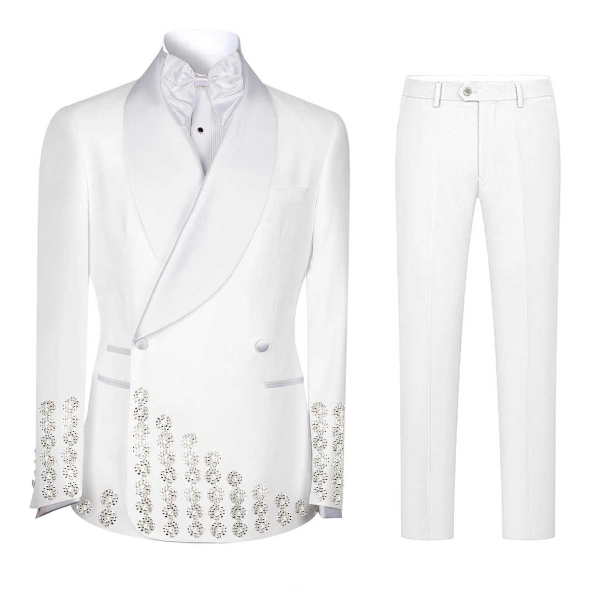 Customize Slim Fit Groom Tuxedos Designer New Fashion Two-Pieces Mens Suit Beaded One Button Customized Shawl Lapel Pockets Bridegroom Tailor Made Coa