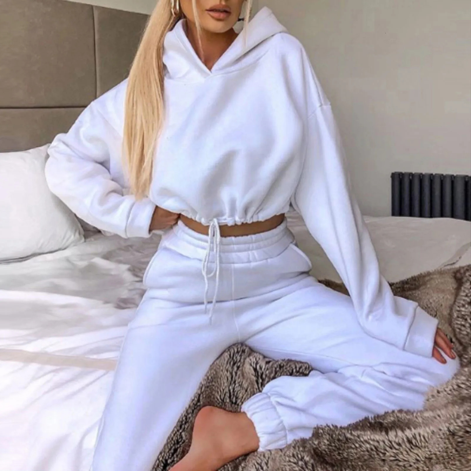 Winter two-piece womens track and field suit oversized set autumn Trouser set womens sports shirt solid sports hooded sweatshirt 241230