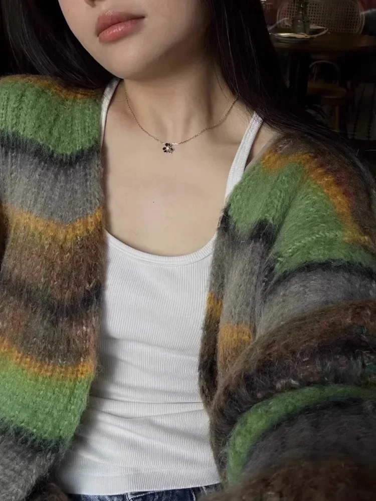 Fashion Grunge Striped Women Knitwear 2024 Streetwear All Match Loose Y2k Aesthetic Sweaters Casual Vintage Cardigans Autumn 241224