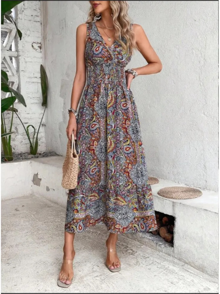 Summer Bohemian Dress Womens Fahsion Sleeveless Printed Beach Party Dress Elegant Casual Holiday Womens Wear 250103