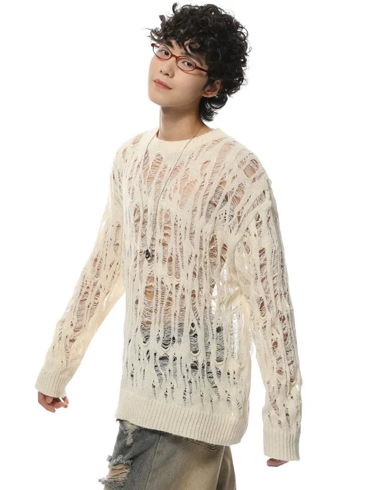 Slouchy Sweaters Men Hollow Out Baggy Hole Sun Protection Lightweight Long Sleeve Streetwear Vintage Fashion Knitting Summer Ins 241223