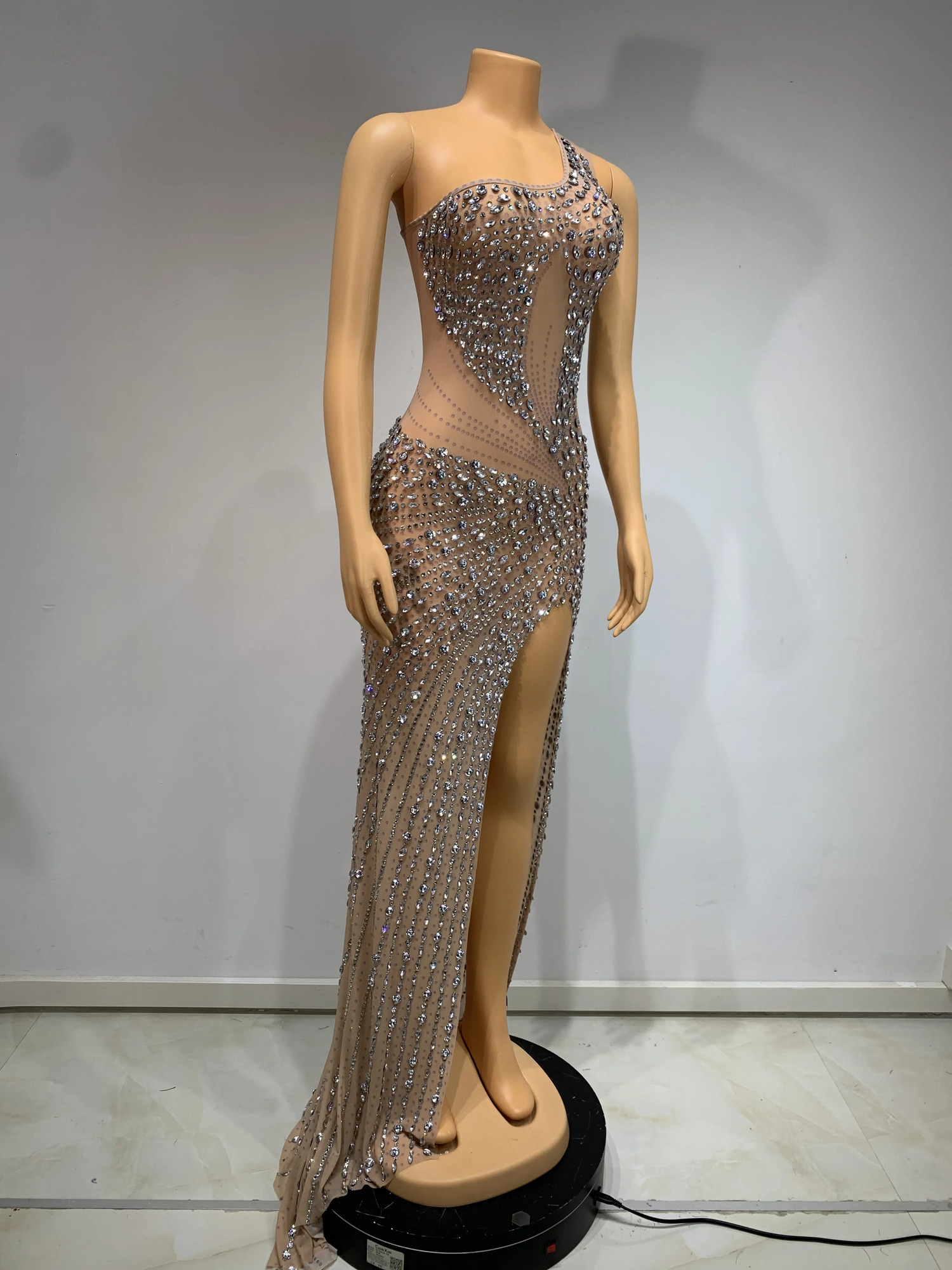 Womens Sparkling Rhinestone Sexy Mesh Stretch Long Dress Elegant Evening Dress Club Singer Stage Performance Costume 250103